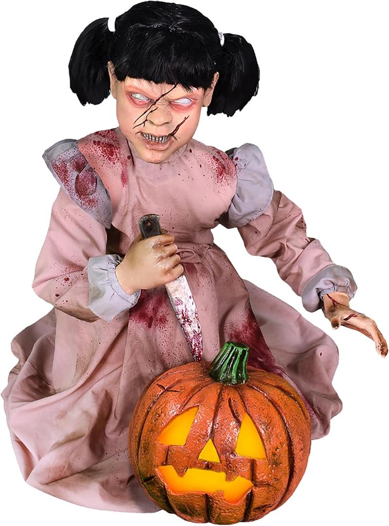 Haunted Hill Farm Lunging Pumpkin Carver Zombie Girl by Tekky, Motion-Activated Talking Scare Prop Animatronic for Indoor or Covered Outdoor Creepy Halloween Decoration, Plug-in or Battery Operated