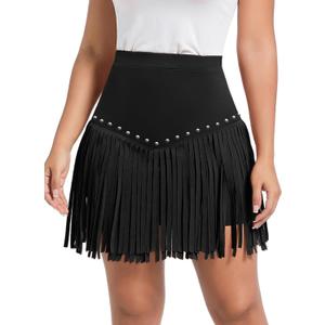 Womens Western Cowgirl Fringe Skirt - Country Concert Outfit Rodeo Tassel Booty Pole Dance Rave Festival Bottoms (XX-Large, Classic Black With Studs)