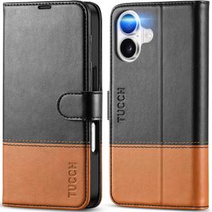 TUCCH Wallet Case for iPhone 17 (6.3") 2025, RFID Blocking 4 Card Slots, Kickstand, Shockproof TPU Shell, PU Leather, Magnetic Closure, Protective Flip Folio Cover, Black & Brown