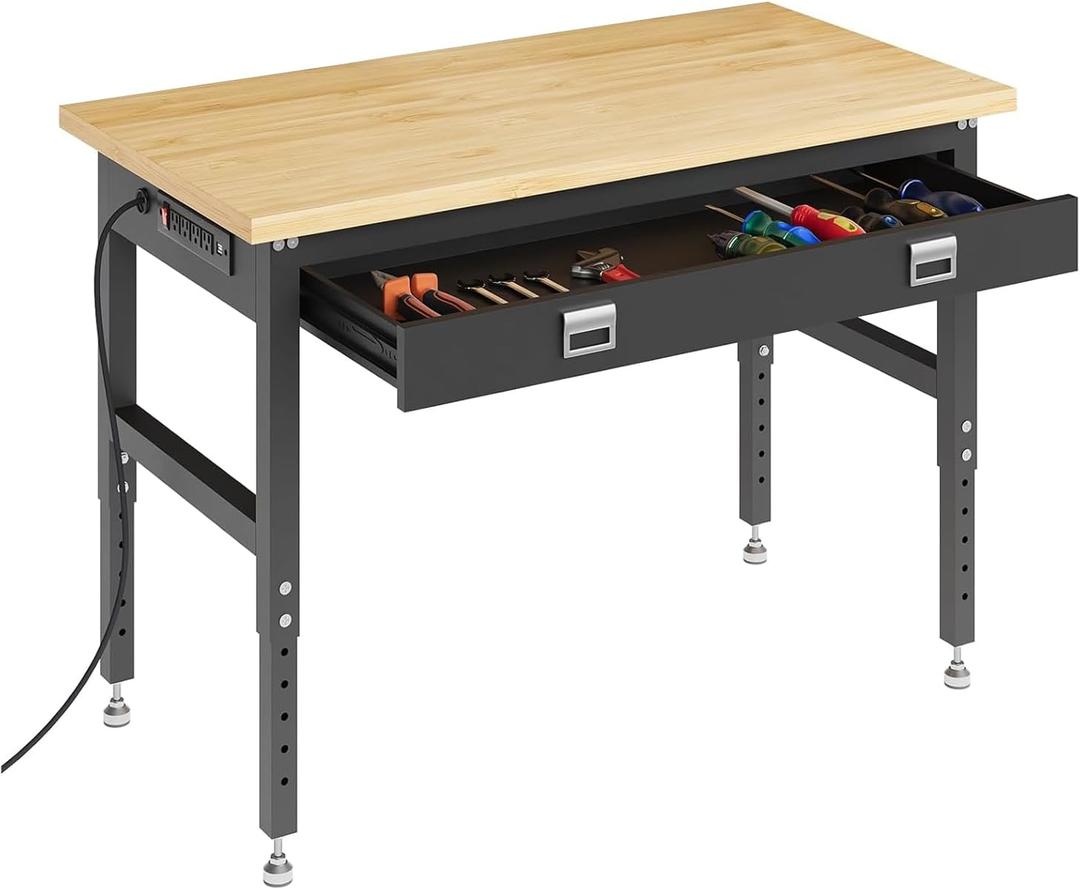 Adjustable 48 in Workbench with Drawers, 2000 LBS Weight Capacity Desk, 28 in-40 in Manual Height Garage Storage Table for Workshop and Home