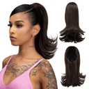 Short Drawstring Ponytail Hair Extension for Black Women 14 Inch Straight Ponytail with End Curls Synthetic Fake Hairpieces Dark Brown