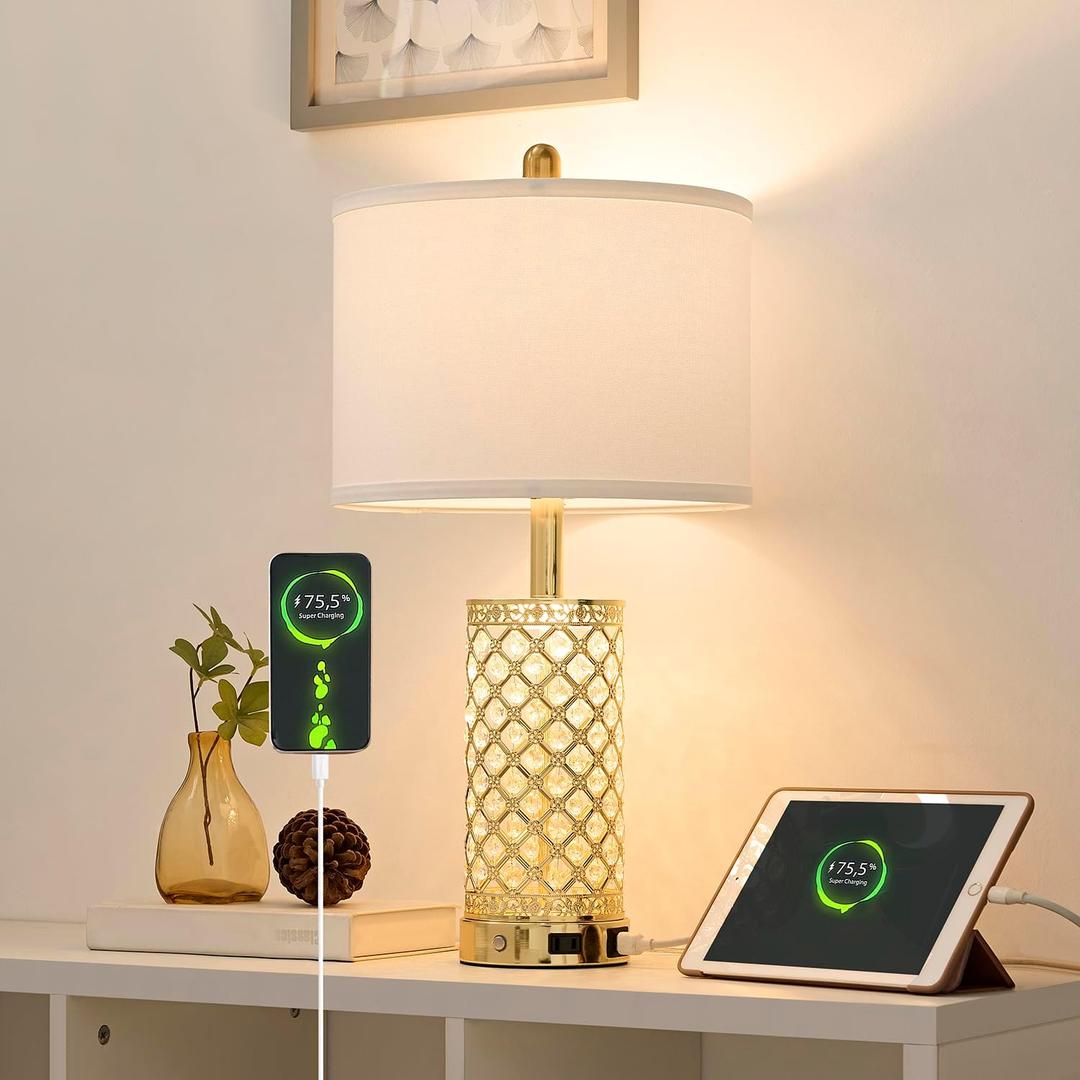 SAIWEYA Crystal Table Lamps Modern 3-Way Dimmable Bedside Lamp with 2 USB Ports & AC Outlets for Living Room Bedroom Nightstand Lamp Night Light (Gold- 1 Pack 24In)