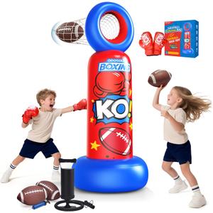 Inflatable Punching Bag for Kids, 2-in-1 Freestanding Boxing Bag with Football Toss Game, 68.8'' Heavy Duty Karate Taekwondo Toy for Boys Girls Ages 3-12, Birthday Xmas Gift Ideas