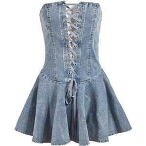 Womens Summer Casual Distressed Denim A Line Dress Tube Top Dress Fashion Jean Outfits (Light Blue), L