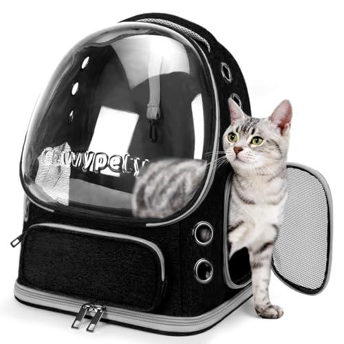 Cawypety Cat Backpack Carrier, Breathable Cat Carrier Large Space Bubble Pet Backpack for Kitty Small Dog up to 12lbs, Transparent & Foldable Pet Carrier for Travel Hiking (Black
