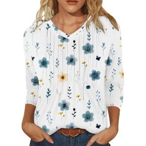 IEEILULU 3/4 Length Sleeve Womens Tops V Neck T Shirts Casual Pleated Tunic for Women Fashion Loose Blouses (White)