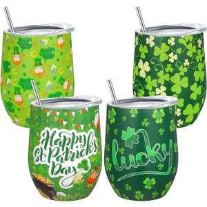 Zopeal 4 Pieces Happy St. Patricks Day Wine Tumblers 12 oz Stainless Steel Shamrock Coffee Mugs Irish Gifts for Women Men St. Patricks Day Cups Wine Tumblers with Straws Lids and Brushes (Shamrock)