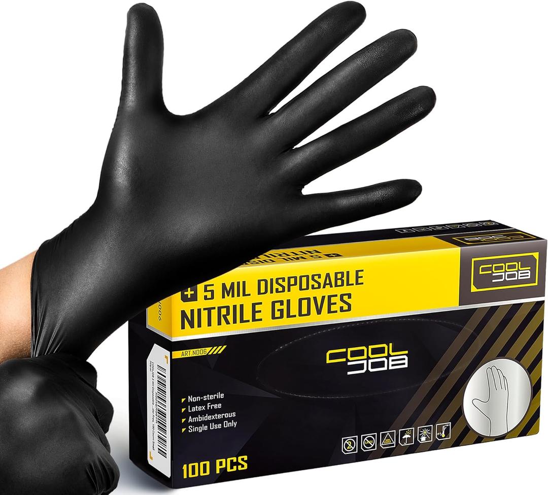 COOLJOB 5 Mil Black Disposable Nitrile Gloves for Men, Heavy-Duty for Household Cleaning, Cooking, Working, Powder Free, (Large (Pack of 100))