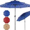 10FT 3-Tier Solar Patio Umbrella with 32 LED Lights, Outdoor Umbrellas with Push Button Tilt and Crank, Tilting Table Umbrella with 8 Sturdy Ribs for Market, Beach, Pool, Garden, Deck, Backyard, Terrace, Restaurant, UV Protection, Navy Blue