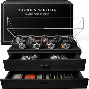 Holme & Hadfield Premium 17-Slot Wooden Watch Display Case Extra Large Handcrafted Mens Watch Box with Two Drawers Birthday Gift for Crazy Collectors Luxury Built to Last (Black)