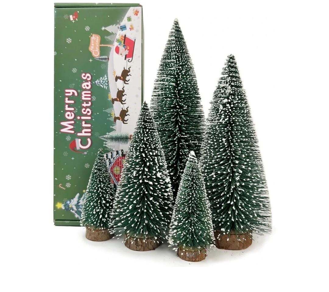 5PCS Table top Christmas Pine Tree Bottle Brush Christmas Trees with Wooden Bases for Village Holiday Party Christmas Table Decor