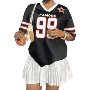 Oversized Jersey Shirts for Women Shirts Y2K Number Graphic Jerseys V Neck Cute Streetwear Tee Tops (Black, L)