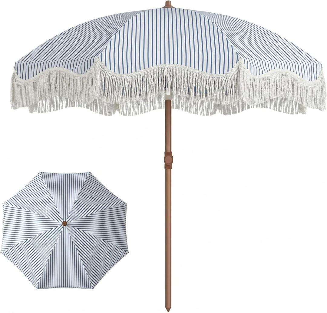 7ft Patio Umbrella with Fringe, Boho Beach Umbrellas, Outdoor Tassels Umbrellas with Push Button Tilt & Carrying Bag, 8 Windproof Fiberglass Ribs, UPF50+