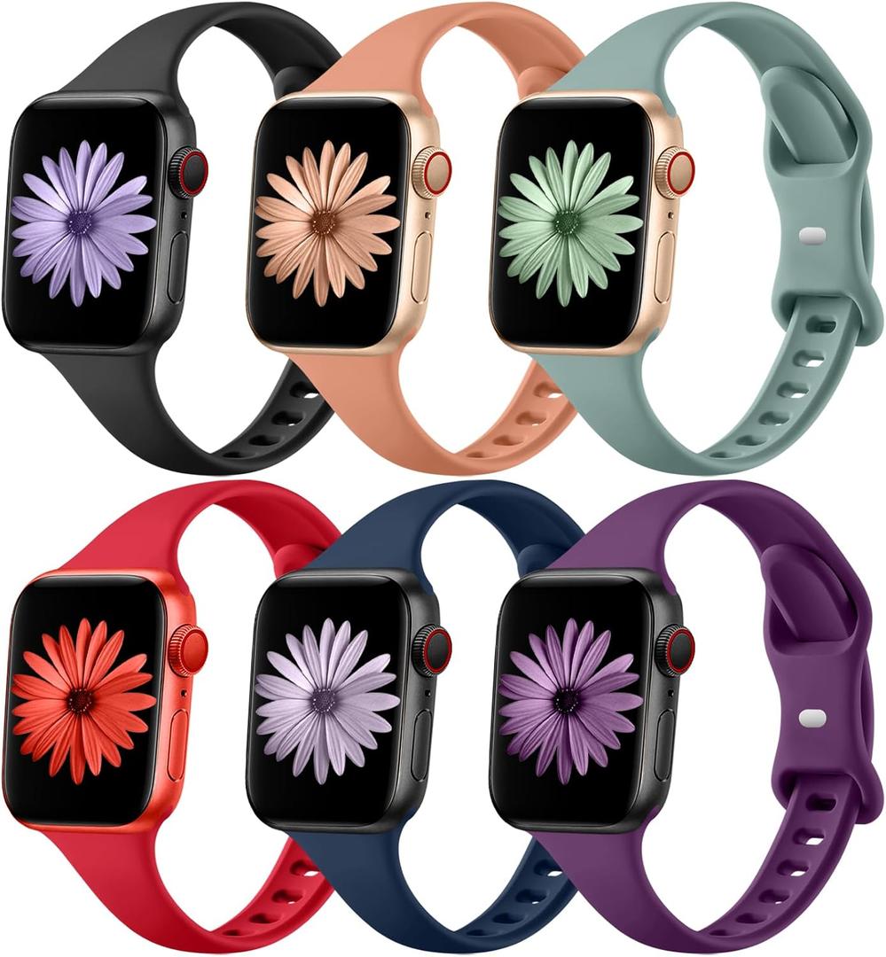 Lerobo 6 Pack Thin Slim Bands Compatible with Apple Watch 38mm 40mm 41mm 42mm 44mm 45mm 46mm 49mm for Women Men, Soft Silicone Sport Strap Wristband for iWatch Series 11 10 9 8 7 6 5 4 3 Ultra SE