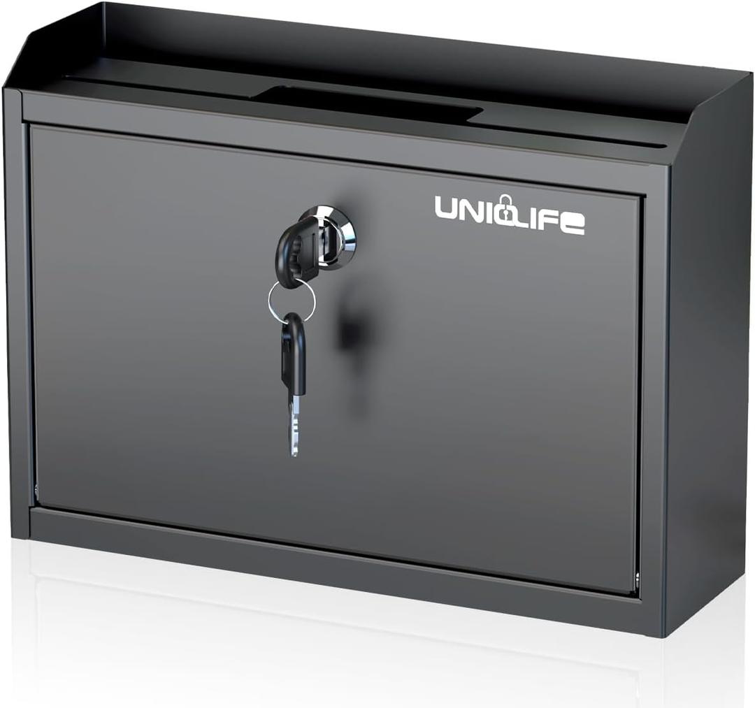 Uniclife Wall Mounted Mailbox with Key Lock & Newspaper Holder, Suggestion Box with Top Slots, Key Drop Box, Safe Lock Box, Metal Donation Box, Ballot Box for Office Business Activity