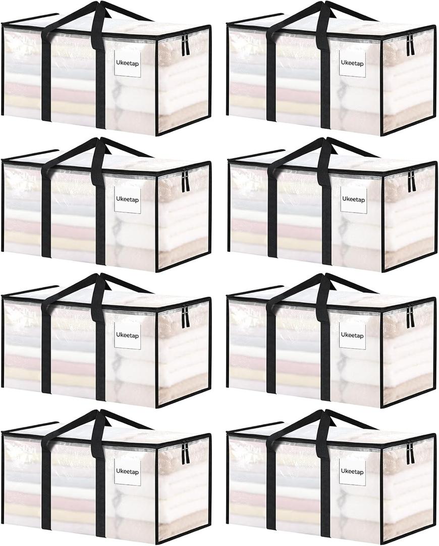 8 Pack Extra Large Clothes Storage Bins with Lids, Moving Bags, Clear
Storage Bags with Reinforced Handles & Heavy-Duty Zippers, Moving Boxes Totes for Clothes Packing, Dorms, College Supplies