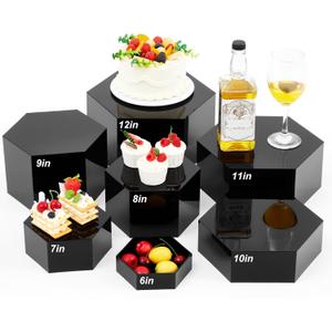 Leinuosen 7 Pcs Large Buffet Risers Set 6" to 12" Acrylic Display Box Catering Dessert Table Riser Food Display Decorative Stand with Hollow Bottom for Catering Supplies (Black, Hexagonal)