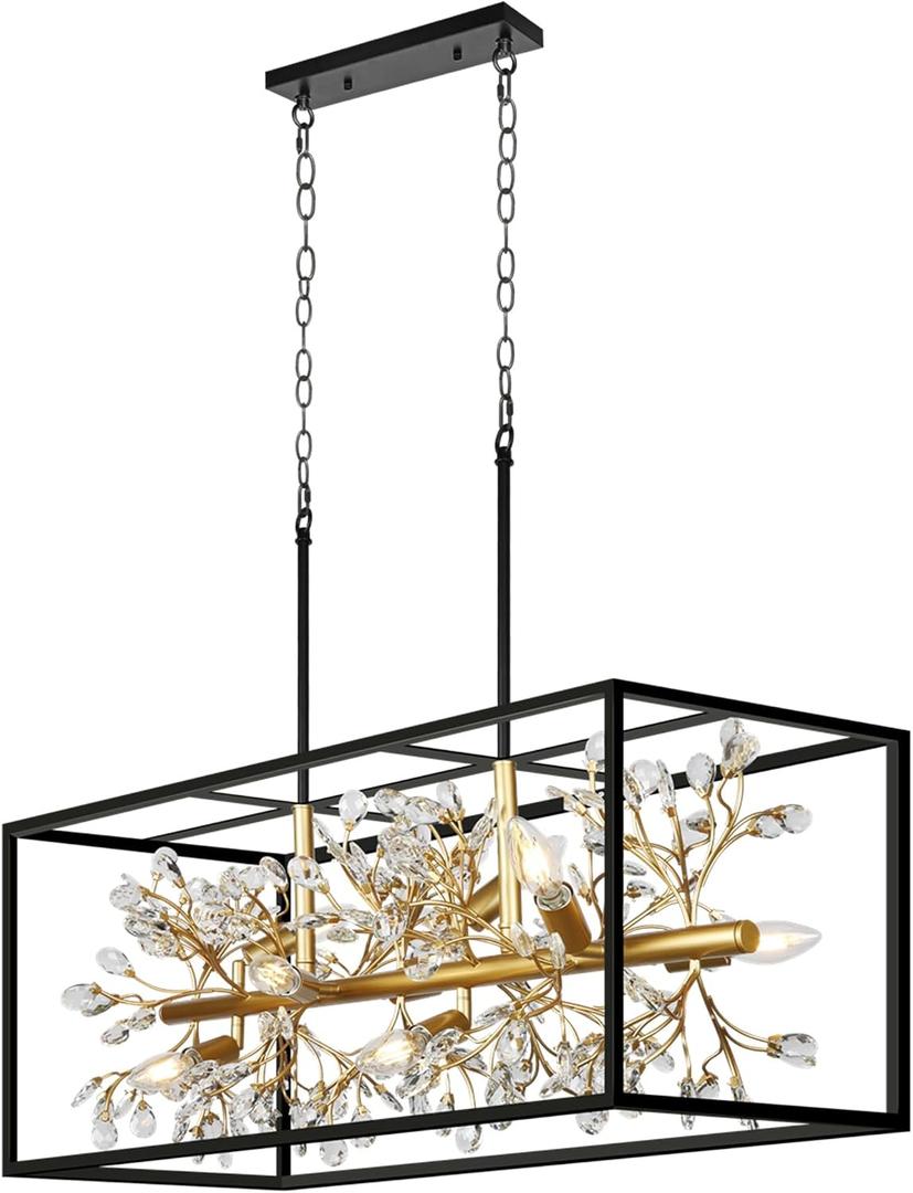 CNRATYE Large Black and Gold Rectangle Chandelier, 8-Light Modern Farmhouse Dining Room Light Fixtures Over Table, Crystal Chandeliers for Kitchen Island Pool Table Room