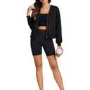 LYANER Women's Full Zip Up Hoodie Sweatshirt Workout Long Sleeve Casual Crop Tops with Pockets Black Large