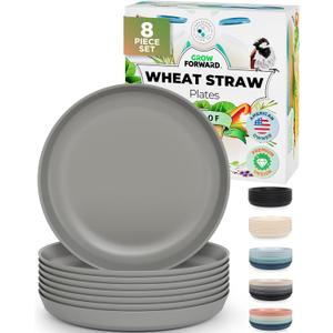 Grow Forward Premium Wheat Straw Plates - 10 Inch Reusable Hard Plastic Dinner Plates Set of 8 - Unbreakable Microwave Safe Plates for Dessert, Camping, RV, Outdoors, Patio, Kitchen Dishes - Feather