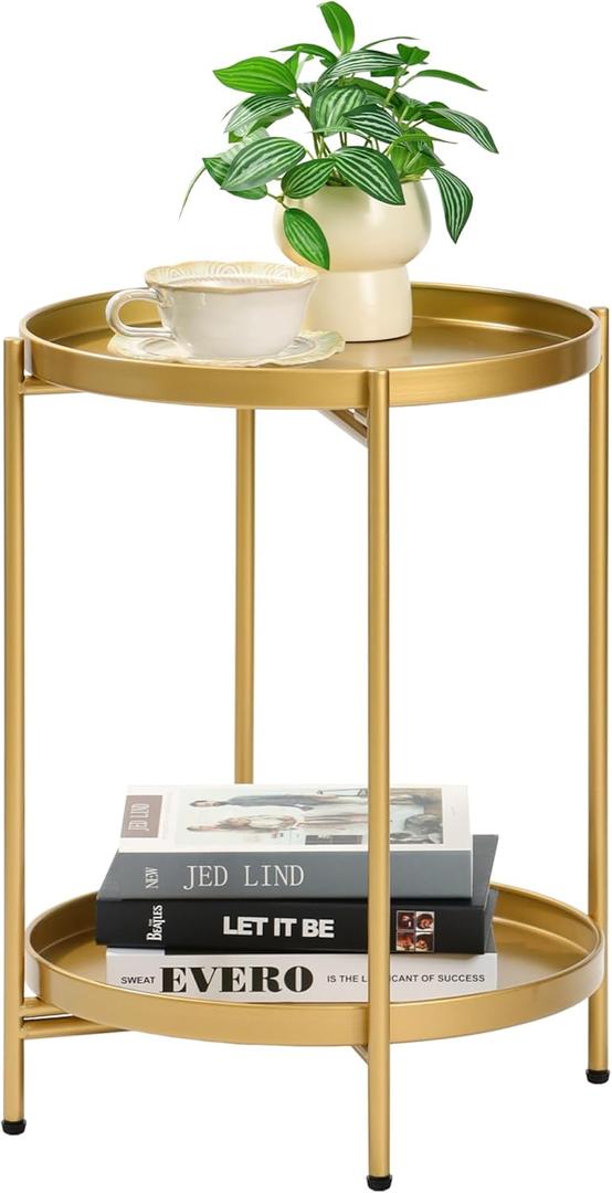 2-Tier Round End Side Table, Small Metal Side Table with Removable Tray, Folding Accent Tables for Living Room, Balcony, Nightstand for Bedroom, Outdoor Tables for Patio, Gold, 15.75 inches x 15.75 inches x 20.47 inches