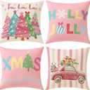 Pink Christmas Decorations Pillow Covers 18x18 Set of 4 Christmas Throw Pillow Covers, Holly Jolly FA La La Xmas Winter Holiday Linen Cushion Case for Home Sofa Couch Bed Chair Decor