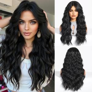 Black Wig with Bangs Long Wavy Wigs for Women Curtain Bangs Wig Layered 24 Inches Long Black Curly Wigs Womens Natural Looking Synthetic Wig Hair Replacement for Girls Daily Party Cosplay Use