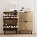 Smuxee Shoe Cabinet with 2 Flip Drawers, 23.6" Natural Hidden Shoe Storage Cabinet with Fluted Design, Freestanding Shoe Organizer Cabinet for Entryway, Hallway, Closet, Living Room