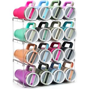 Design for Stanley 40 OZ & Large Bottles & Tumblers with Handle - Acrylic Water Bottle Organizer - Stackable Clear Rack Cup Holder for Home Kitchen Pantry Shelf Countertop Cabinet, 4 Tier Hold 16
