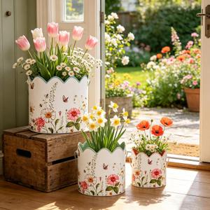 Set of 3 Vintage Floral Metal Planters Rustic Flower Pots with Wooden Handle, Farmhouse Decorative Floral Buckets for Dried Flowers, Faux Plants, Home Garden Decor
