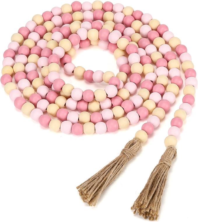 Valentine’s Day Wood Bead Garland Decor, 9.8FT Boho Farmhouse Wooden Beads with Tassels, Neutral Pink Rustic Beaded Garland for Mantel, Tiered Tray, Entryway Shelf(Pink)