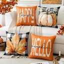 Artscope Fall Decorative Throw Pillow Covers 20x20 Inch Set of 4, Hello Happy Autumn Pumpkin Buffalo Plaid Maple Leaves Harvest Outdoor Farmhouse Pillow Cases for Home Sofa Couch-Orange B