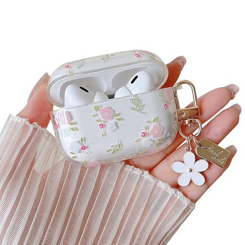 MINSCOSE Compatible with AirPods Pro 2nd/1st Generation Case Clear Case,Cute Girly Flower Pattern Design with Floral Keychain, Soft TPU Protective Shockproof Cover for AirPods Pro/Pro 2-Pink