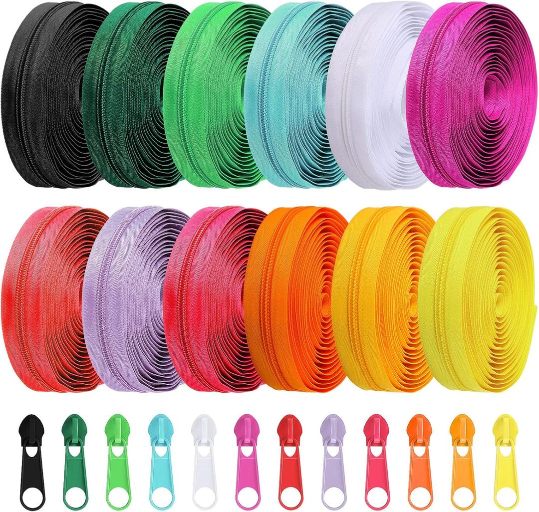 Syhood 36 Yards 12 Pieces #5 Sewing Zippers Tapes Assorted Nylon Lightweight with 120 Plastic Zipper Sliders for Women Men Sewing Supplies(Bright Color)