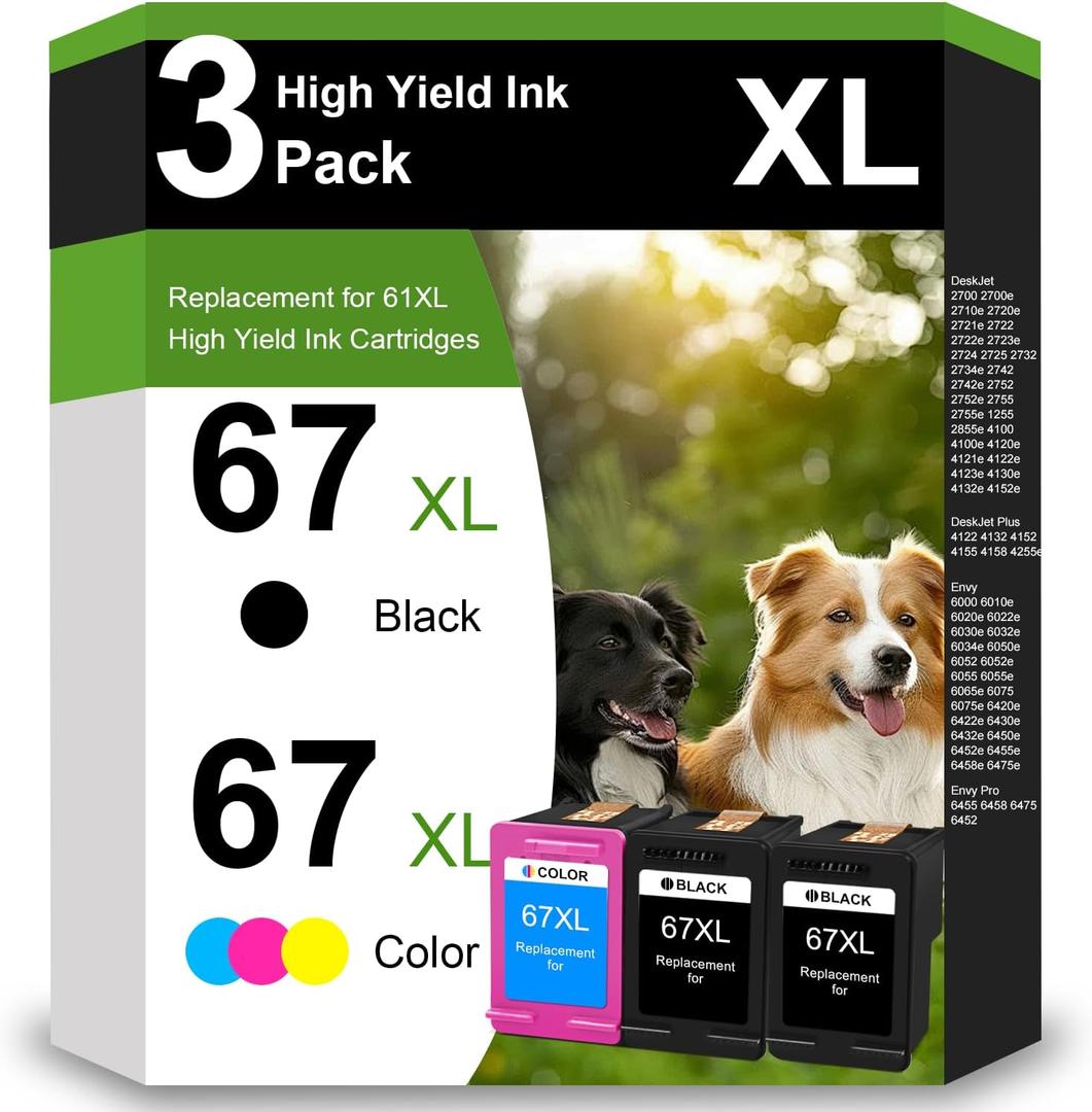 3 Packs 67XL Ink Cartridges Black and Color Combo Pack Replacement for HP 67 67 XL Ink for Envy 6000 6055 6055e 6400e 6455e 6458e Deskjet 2742e 2752e 2755e Envy Pro 6455 6458 (2 Black,1 Tri-Color)