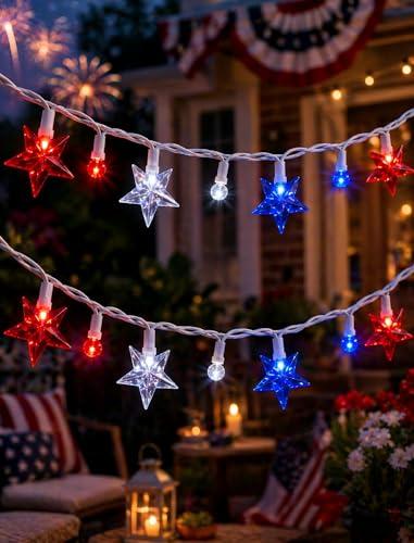 13.6FT Red White Blue Star Lights with G15 LED Bulbs, Patriotic String Lights for 4th of July & 250th Semiquincentennial Celebration, Outdoor Independence Day Decor, Connectable, 35 LED, White Wire