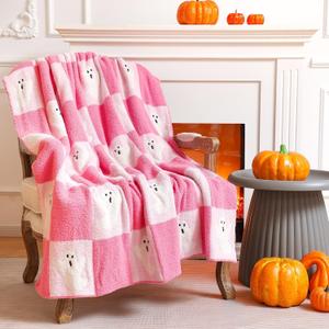 Halloween Ghost Throw Blanket - 50" x 60'' Pink Ghost Face Microfiber Blanket for Bed, Sofa, Couch, Living Room, Chair, Travel - Soft, Cozy