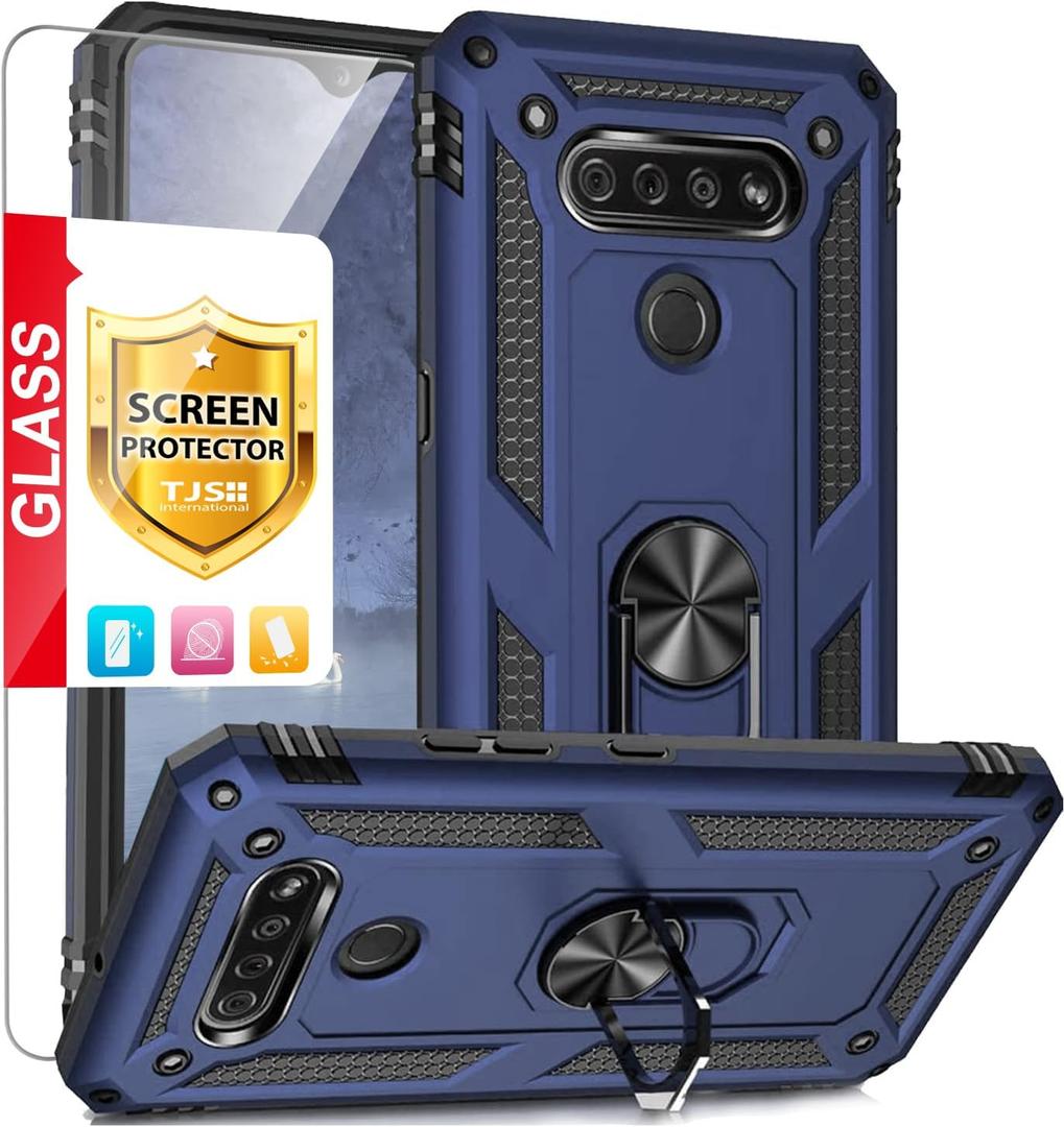 TJS Compatible with LG K51 Case, LG Q51 Case, LG Reflect Case, with [Tempered Glass Screen Protector][Metal Ring][Magnetic Support] Kickstand Heavy Duty Drop Protector Phone Case (Blue)