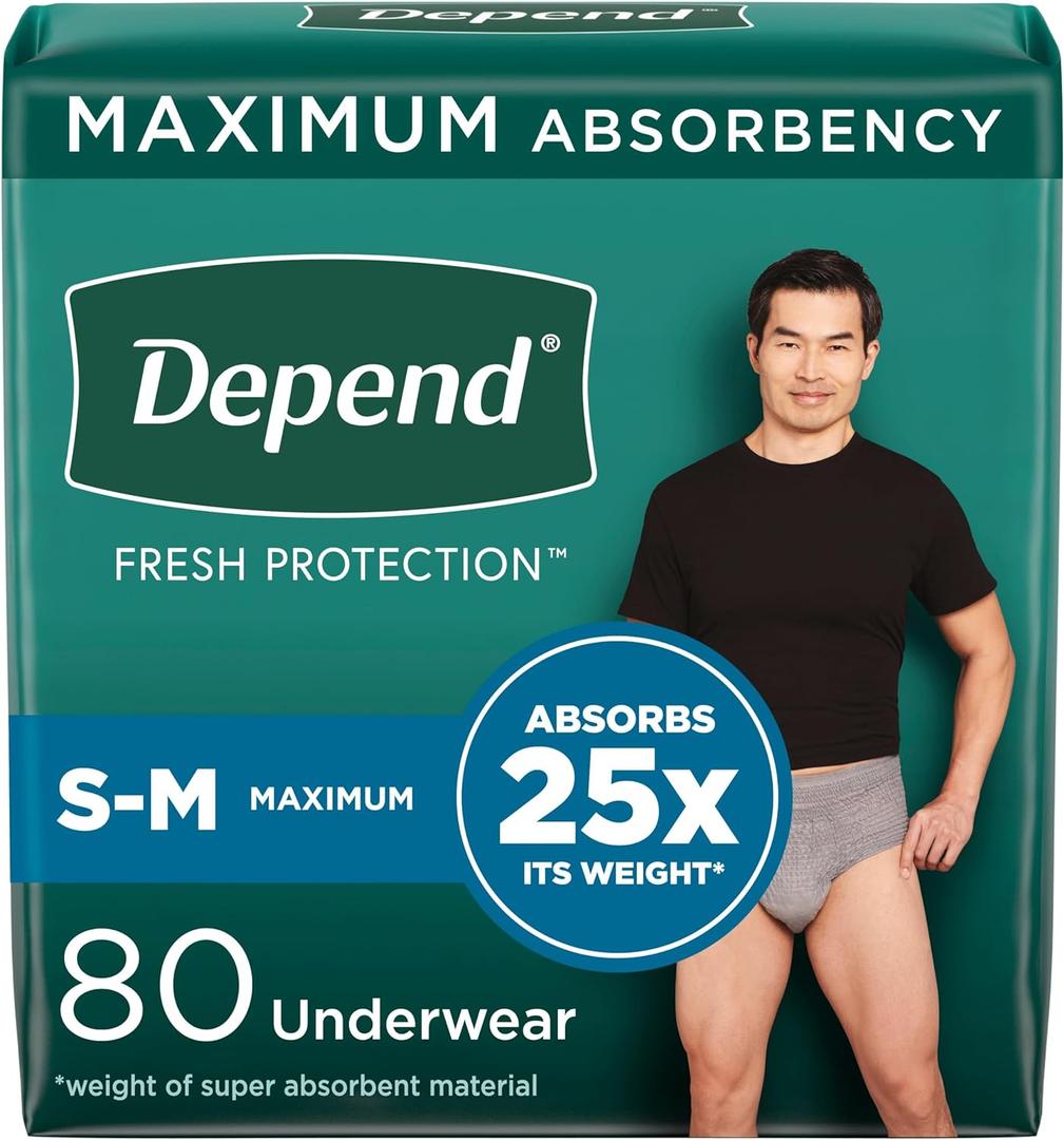 Depend Fresh Protection Adult Incontinence Underwear for Men, Disposable, Maximum, Small/Medium, Grey, 80 Count (2 Packs of 40), Packaging May Vary