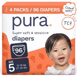 Pura Baby Diapers Size 5 (27-35 lbs) 96 Count Sensitive Skin