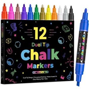 12 Dual Tip Liquid Chalk Markers - Erasable Chalk Markers for Blackboard, Chalkboard Signs, Glass, Chalk Pens Wet Erase Makers for Bar Menu, Shcool,Wedding Sign, Just Married Car Windows Decorations