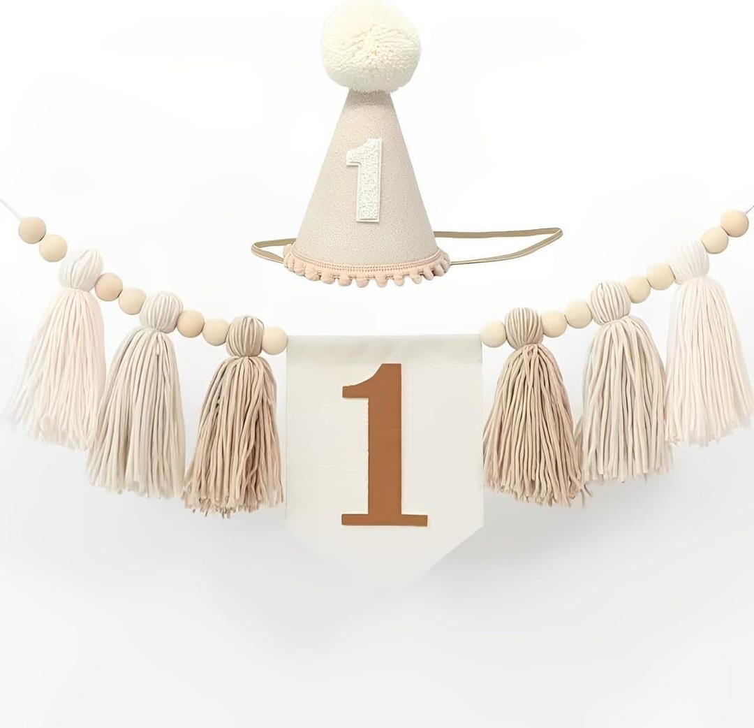 Boho 1st Birthday High Chair Banner with Cone Hat White Sand Beige Neutral First Birthday Girl Boy Baby Shower Wall Hangings Decoration