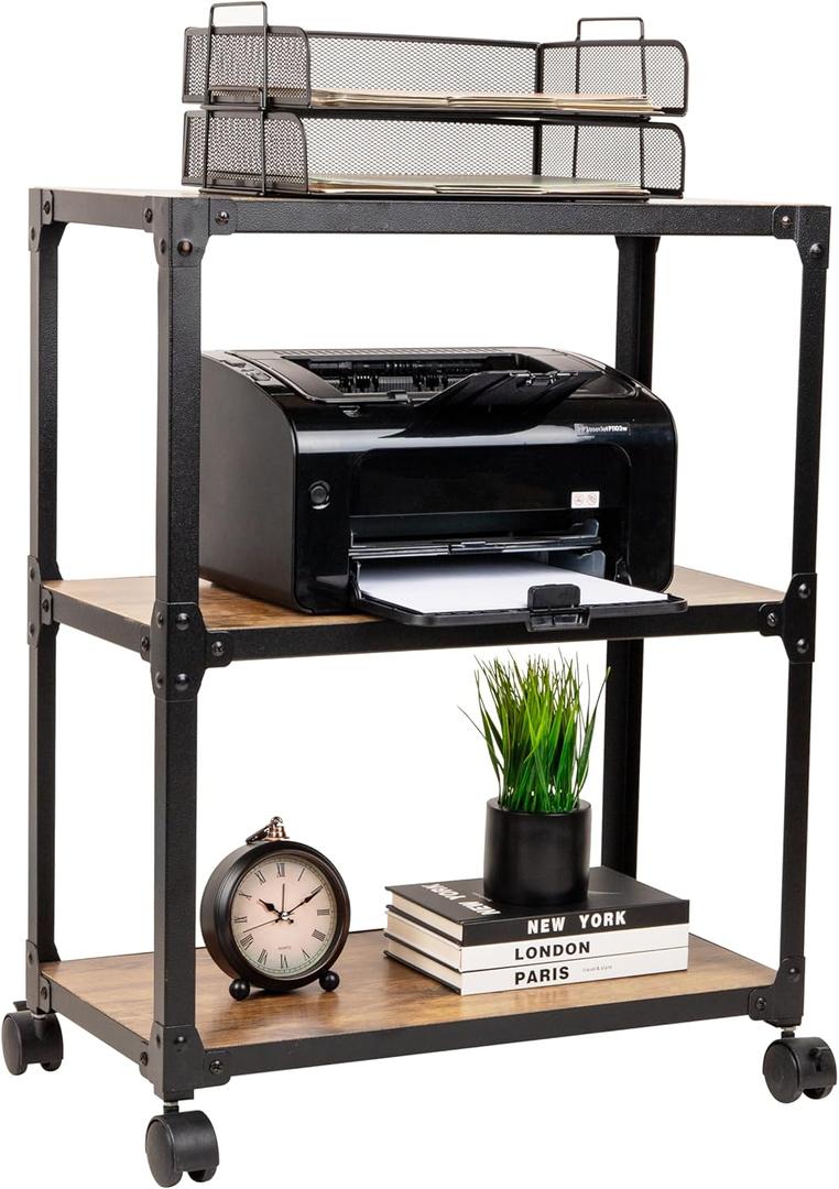 Mind Reader Multipurpose Rolling Cart with 3 Tiers, Mobile Office Storage Organizer, Metal, MDF, Brown