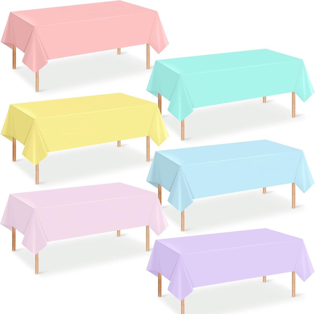 6Pcs Pastel Tablecloths, Rainbow Mix Color Plastic Tablecloth Disposable Rectangle Table Covers for Baby Shower,Bridal,Wedding, Easter,Birthday and Ice Cream Party Decoration, 54 x 108 Inch