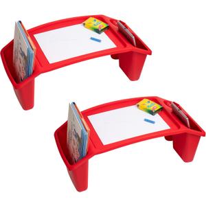Mind Reader Kids Lap Desk, Portable Activity Tray with Side Storage, Stackable Plastic Desk for Drawing, Snacks, Study, Set of 2, Red