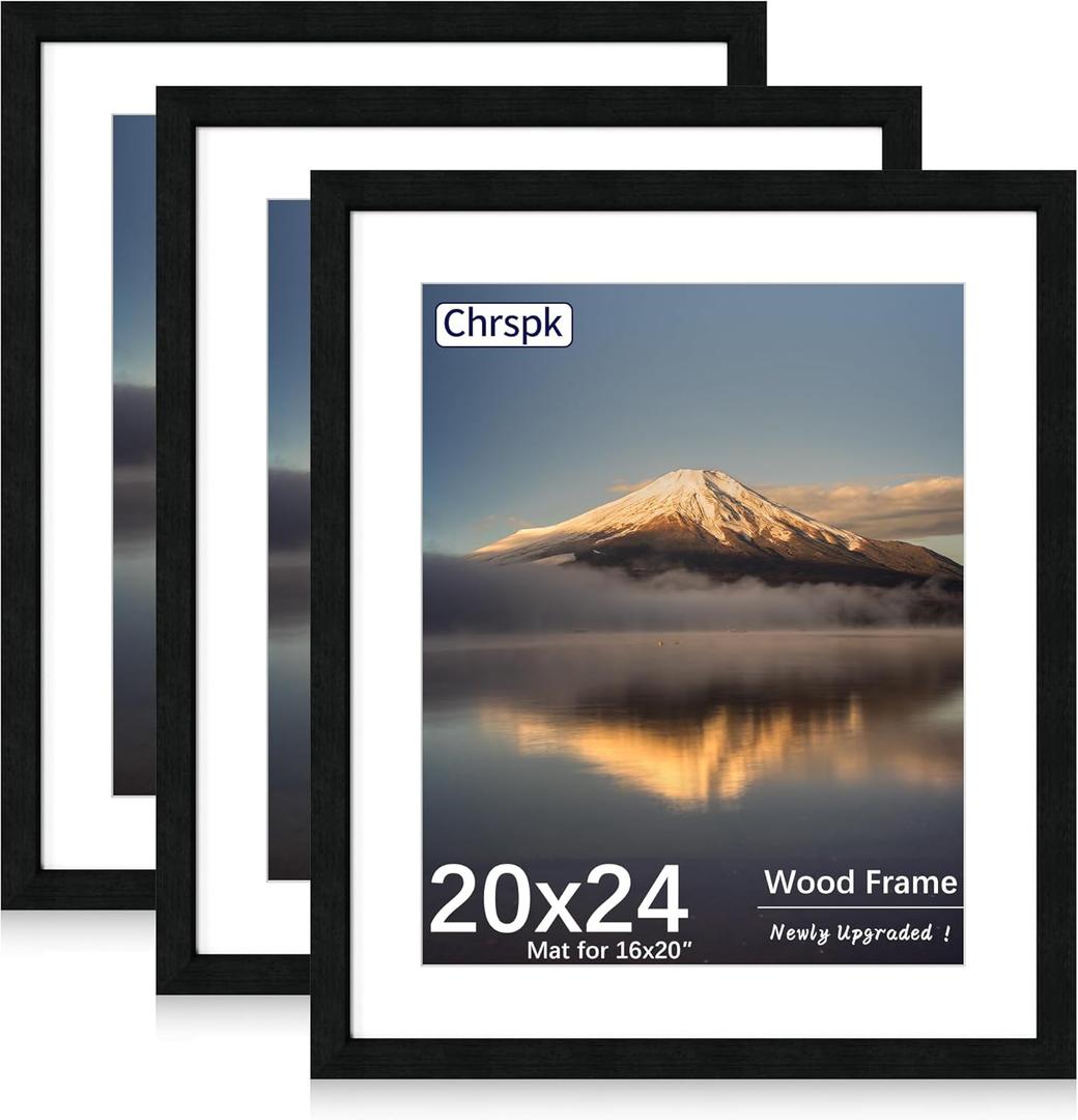 20X24 Poster Frame, Display Pictures 16X20 with Mat or 20X24 Without, Wall Hanging Frames, Black, 3 Pack