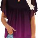 onlypuff Womens Double Layered Tunic Tops Half Sleeve Floral Double Layered Sheer Flowy Blouse Round/V Neck Casual Shirts (XL)