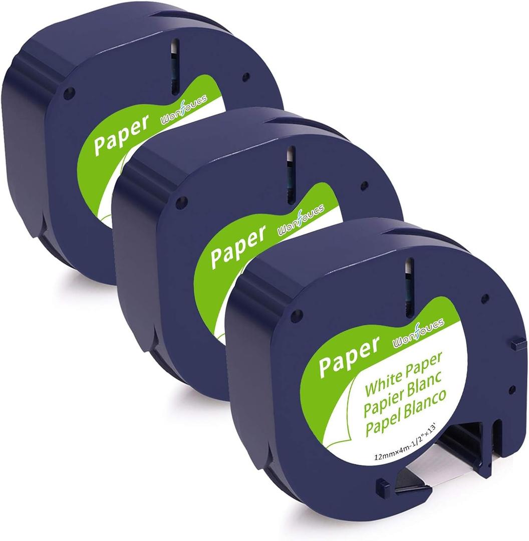 Compatible with Dymo LetraTag Label Maker Refills 12mm x 4m (1/2" x 13') White Paper Tape 91330 for LT-100T LT-100H Plus 200B XR, 3-Pack Replace for Dymo LetraTag Refill Label Tape