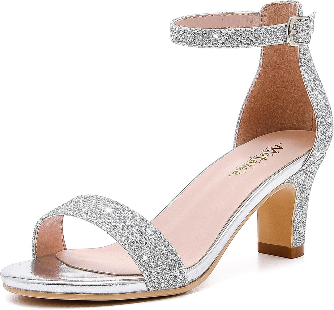 Girls Heel Sandals Girl Dress Shoes Open Toe Ankle Strap High Heels Pump Sandals Wedding Party for Little Big Kid, Size 13 (Glitter Silver)