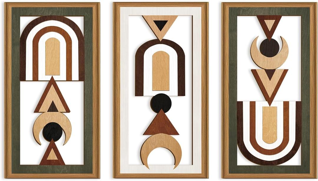 Ausril Geometric Aztec Wall Art,Minimalist Boho Geometric Wall Decor,Abstract Bohemian Wood Decor,Natural Modern Artwork,Mid Century Line Art Set,Modern Geometry Artwork for Living Room Bedroom Office